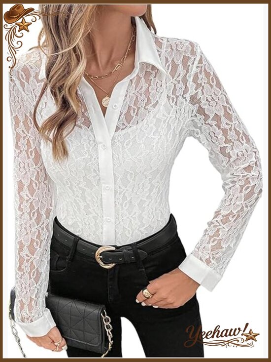 Tops - Lace Sheer Button Down Blouse Long Sleeve Collared Shirt